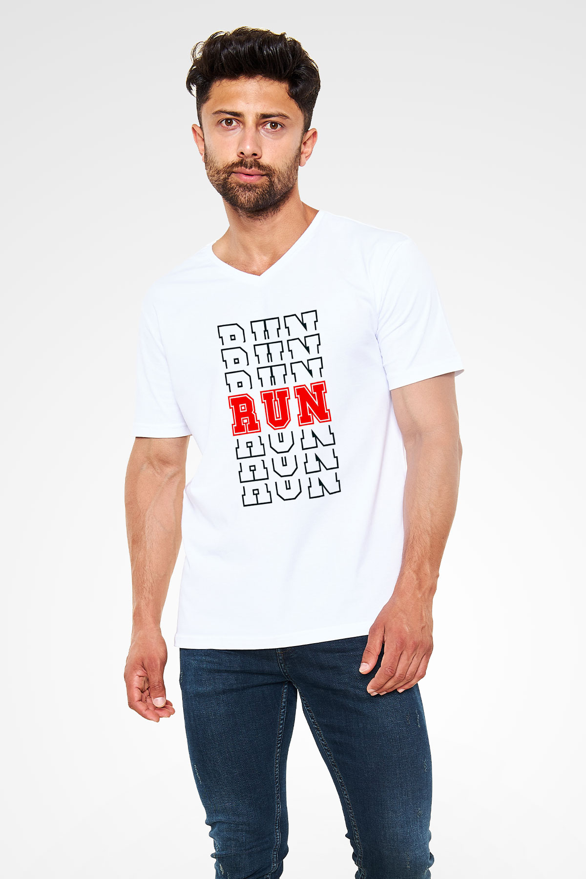 Koşu Baskılı Unisex V Yaka Tişört - Tshirt