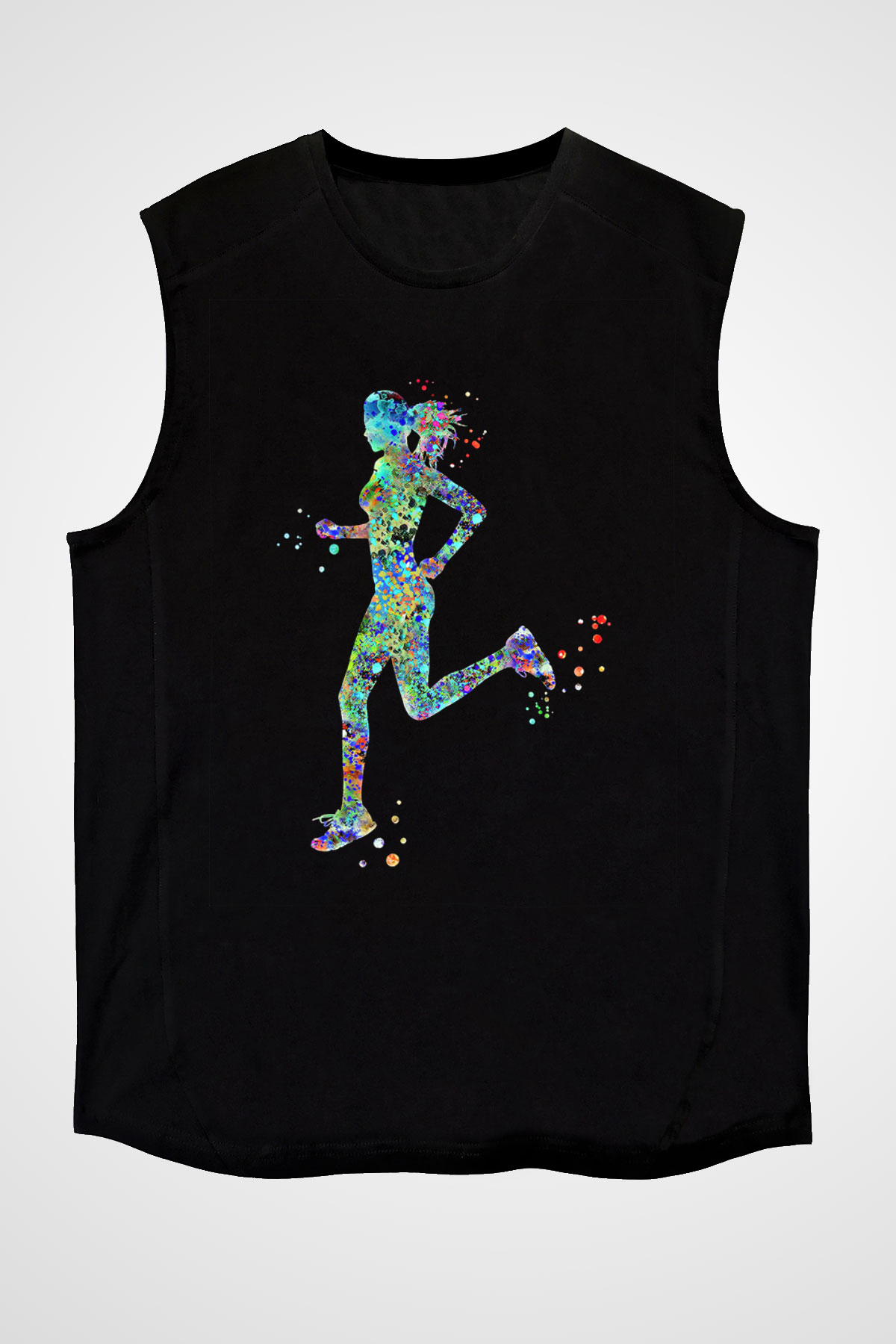 Koşu - Running Baskılı Unisex Siyah Kolsuz Tişört