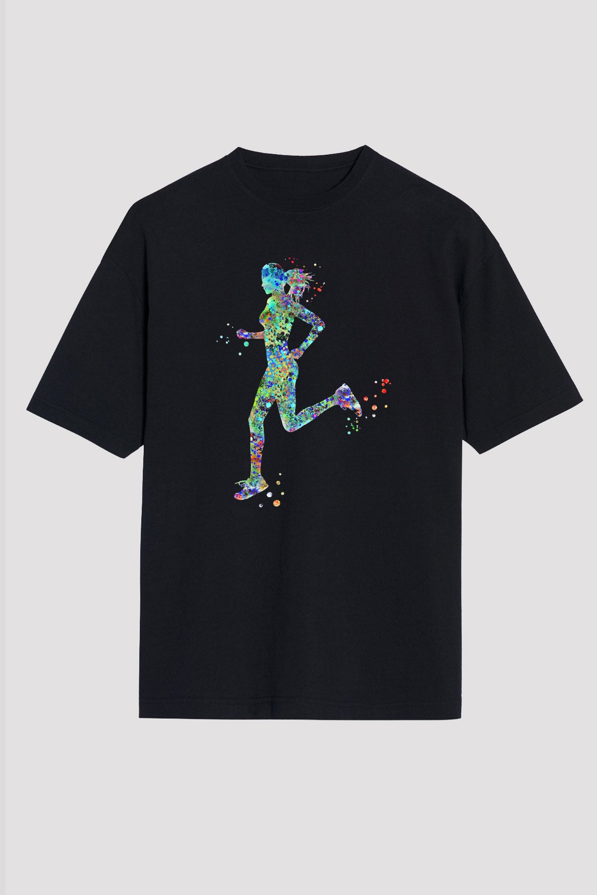 Koşu - Running Baskılı Unisex Siyah Oversize Tişört