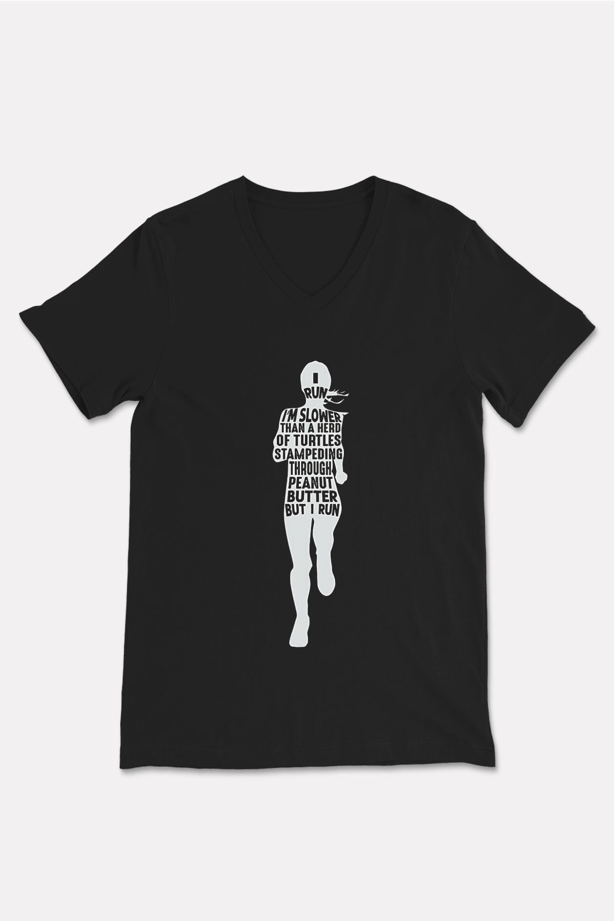 Koşu - Running Baskılı Unisex Siyah V Yaka Tişört