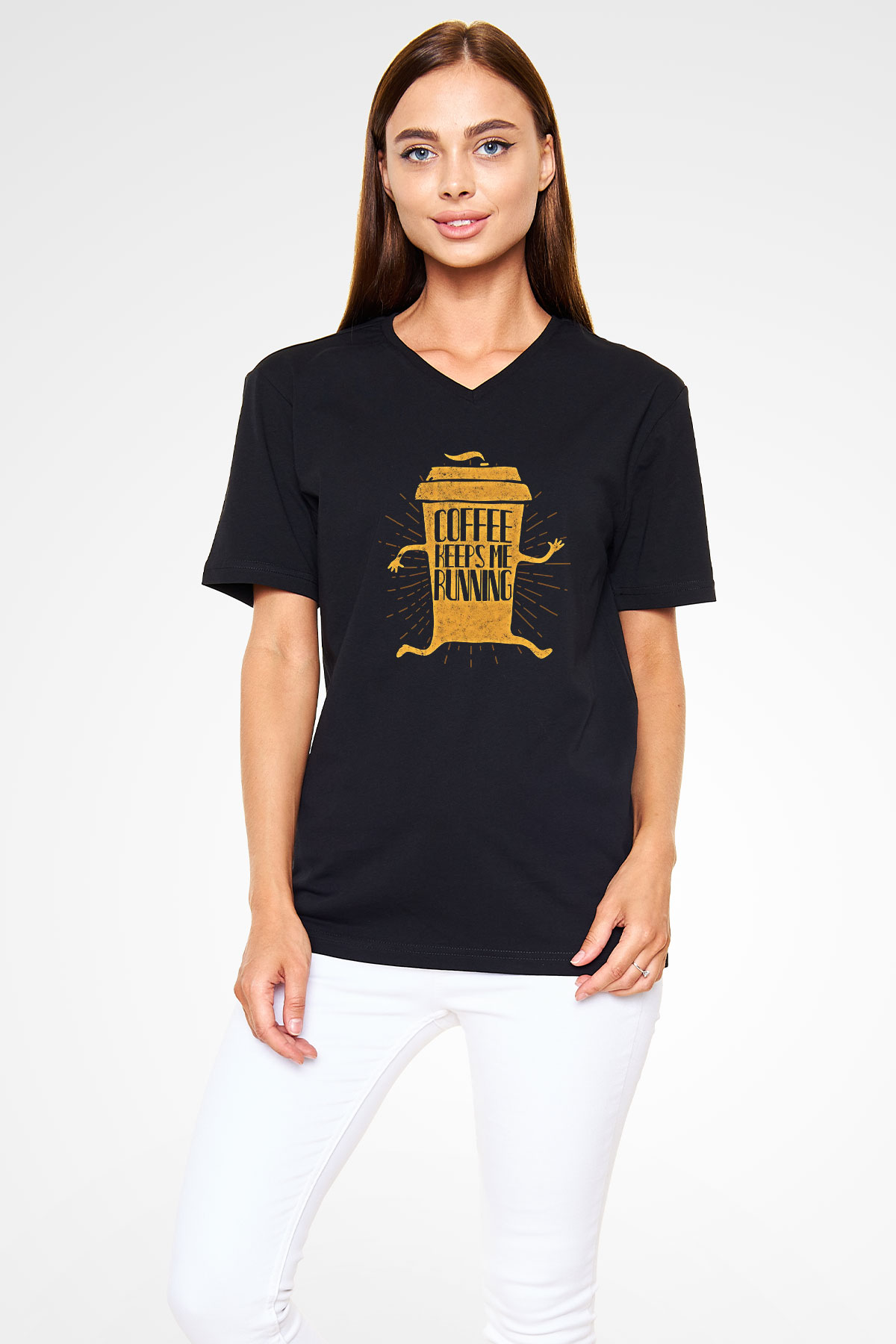Koşu - Running Baskılı Unisex Siyah V Yaka Tişört