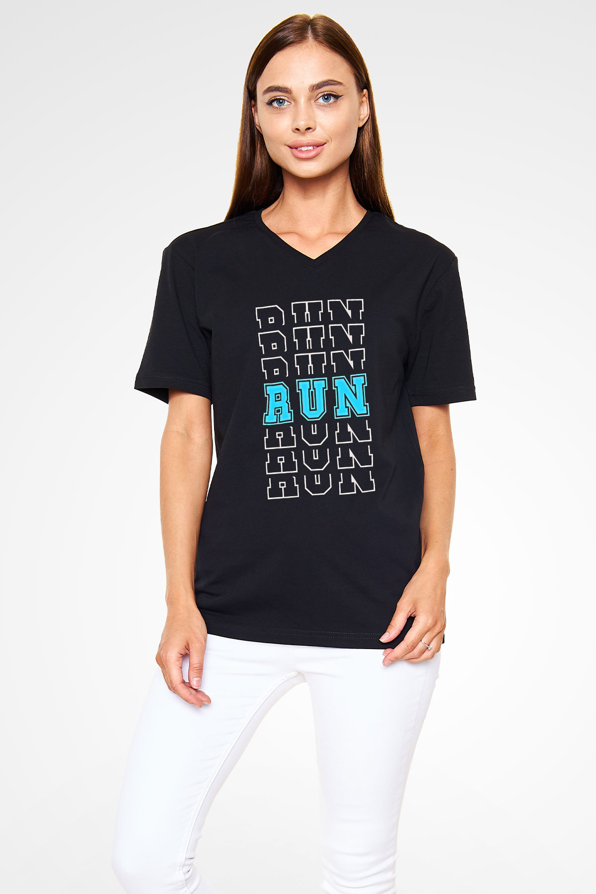 Koşu - Running Baskılı Unisex Siyah V Yaka Tişört