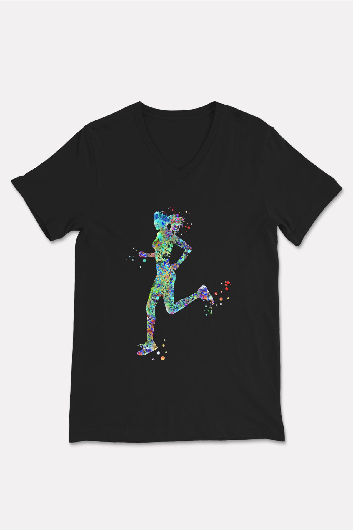 Koşu - Running Baskılı Unisex Siyah V Yaka Tişört
