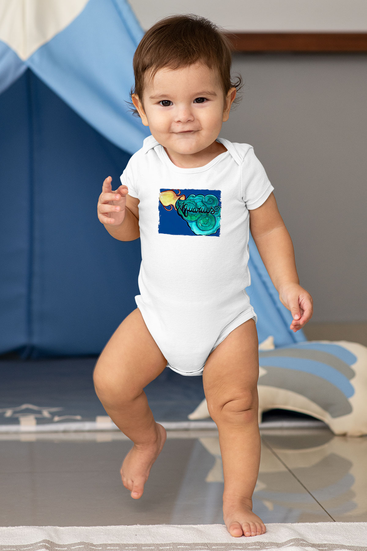 Kova Burcu Baskılı Beyaz Unisex Bebek Body - Zıbın