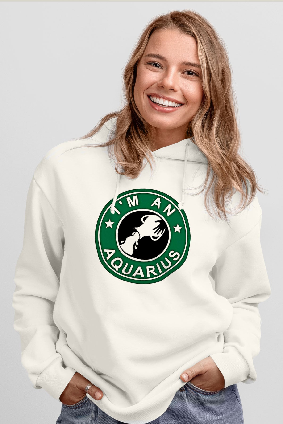 Kova Burcu Baskılı Beyaz Unisex Hoodie