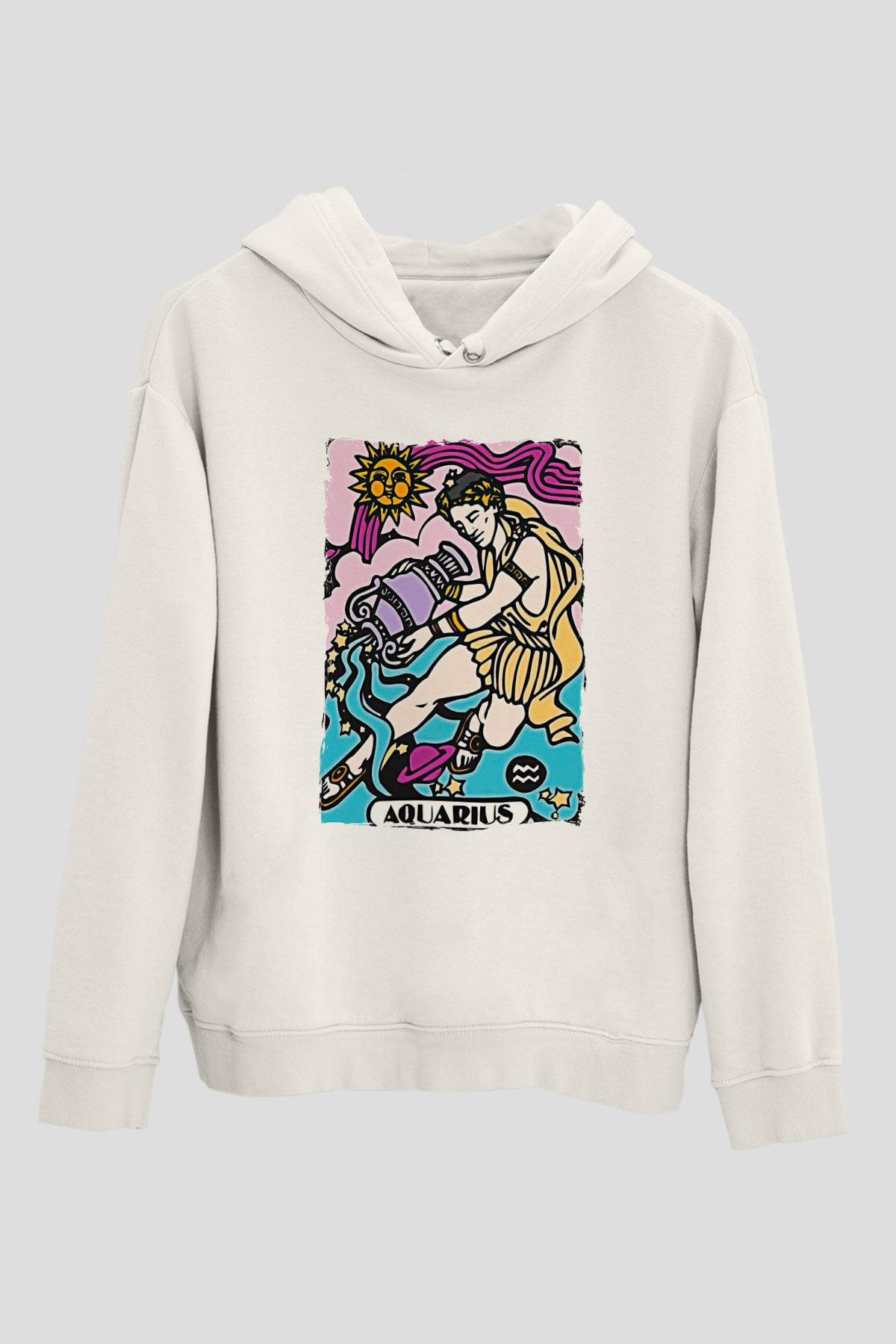Kova Burcu Baskılı Beyaz Unisex Hoodie