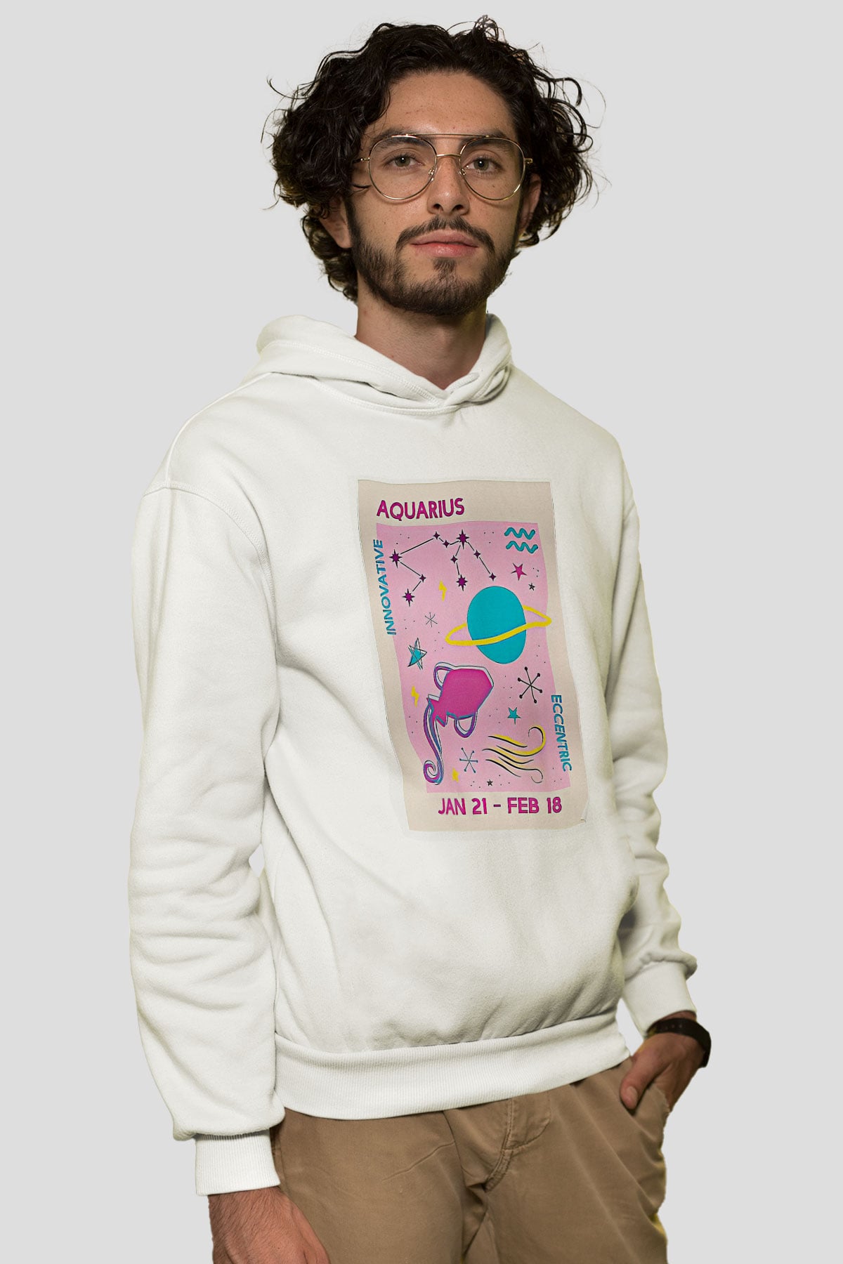 Kova Burcu Baskılı Beyaz Unisex Hoodie
