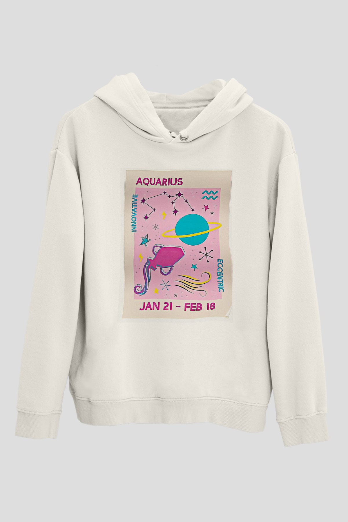 Kova Burcu Baskılı Beyaz Unisex Hoodie