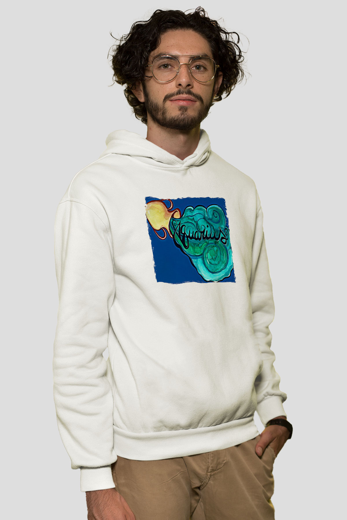 Kova Burcu Baskılı Beyaz Unisex Hoodie