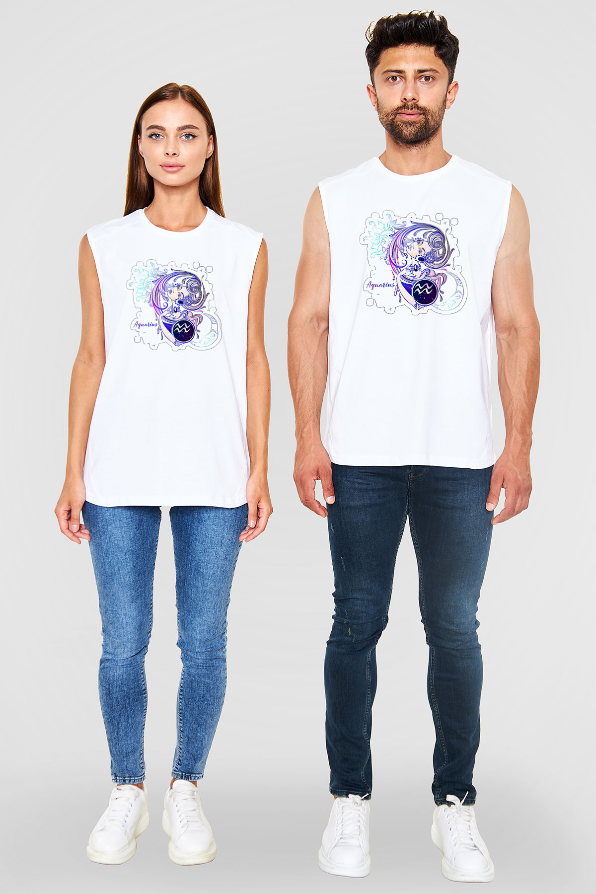 Kova Burcu Baskılı Beyaz Unisex Kolsuz Tişört - Tshirt