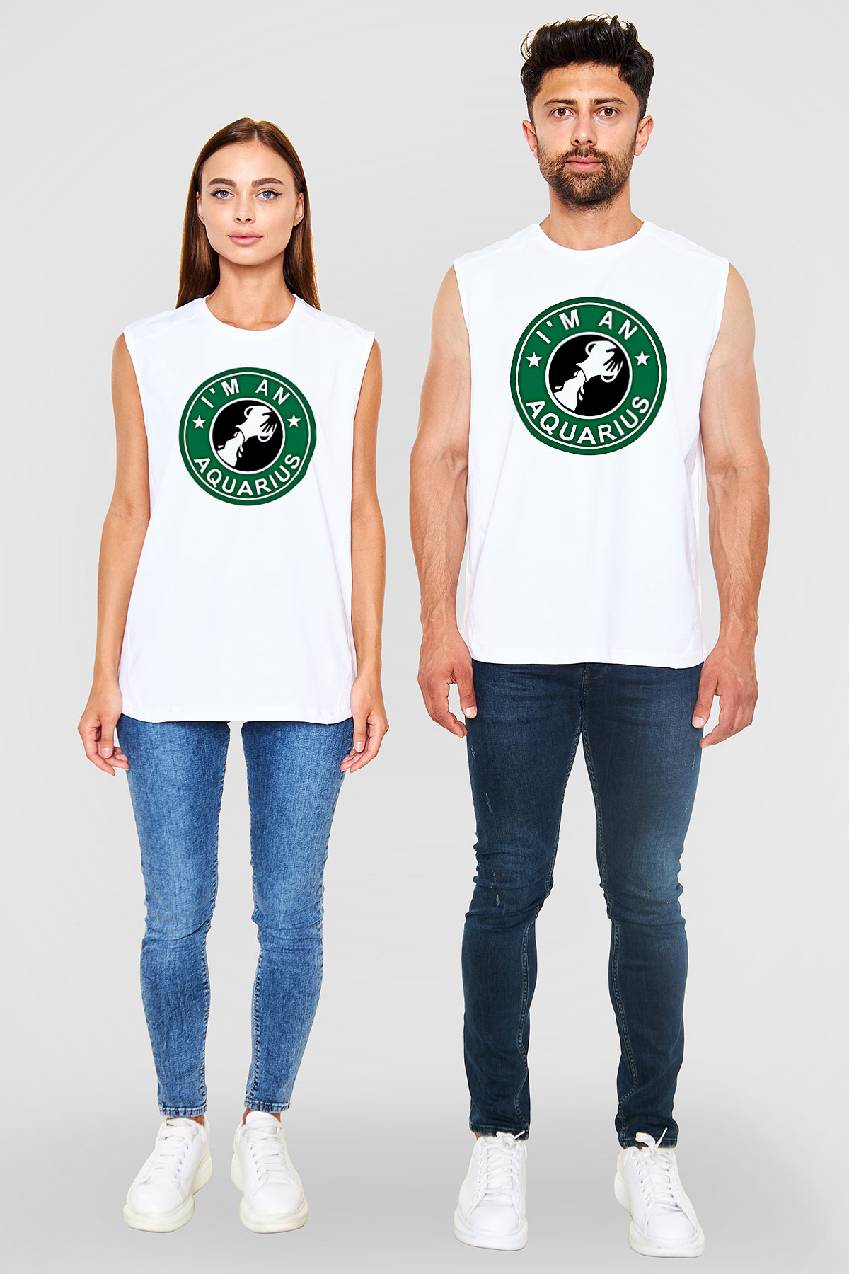 Kova Burcu Baskılı Beyaz Unisex Kolsuz Tişört - Tshirt