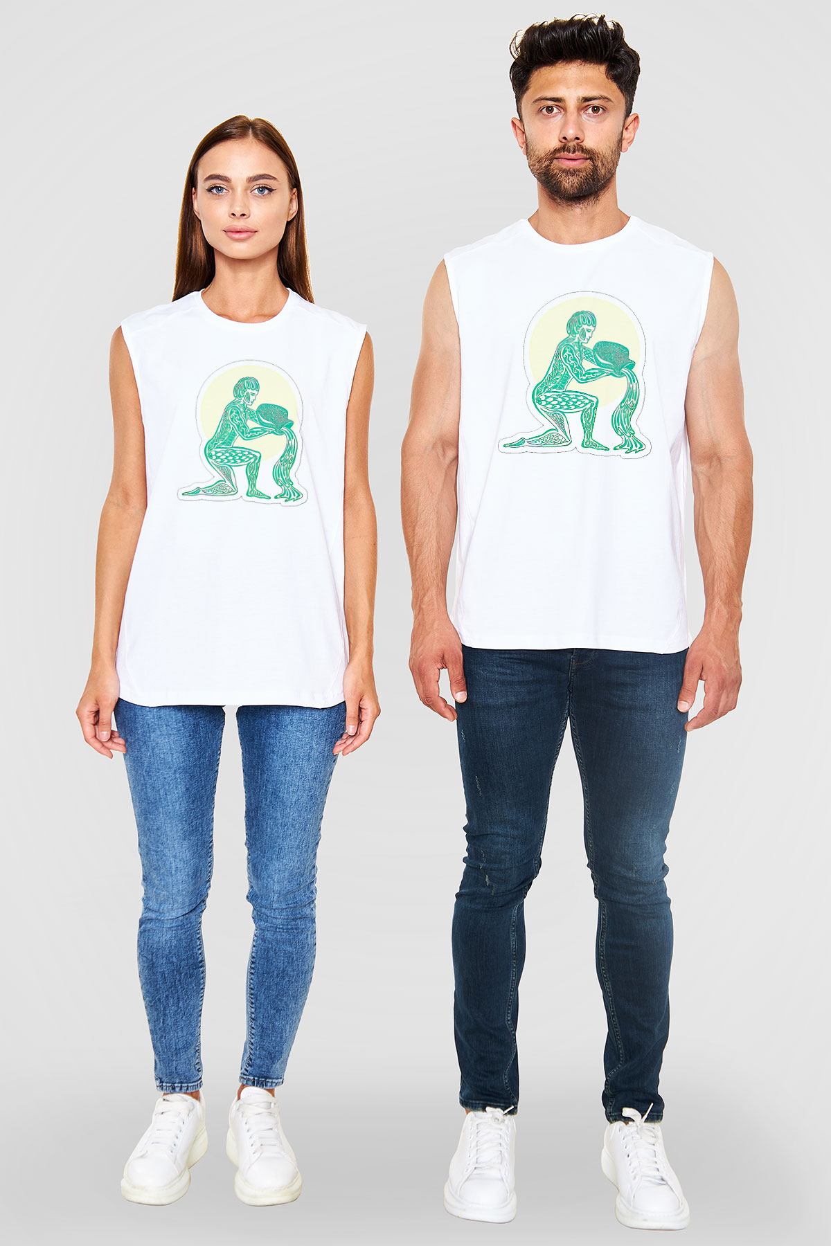 Kova Burcu Baskılı Beyaz Unisex Kolsuz Tişört - Tshirt