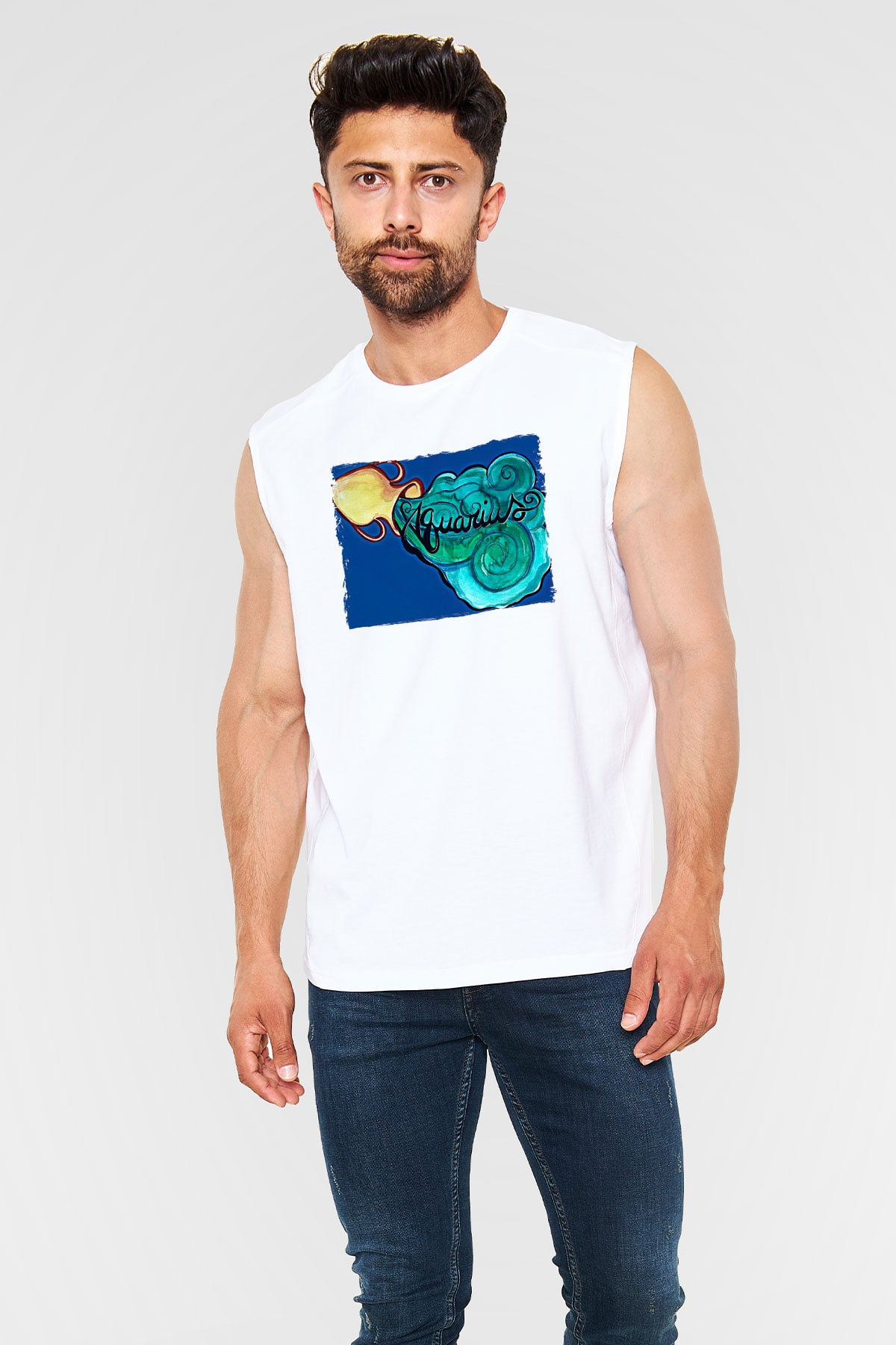 Kova Burcu Baskılı Beyaz Unisex Kolsuz Tişört - Tshirt