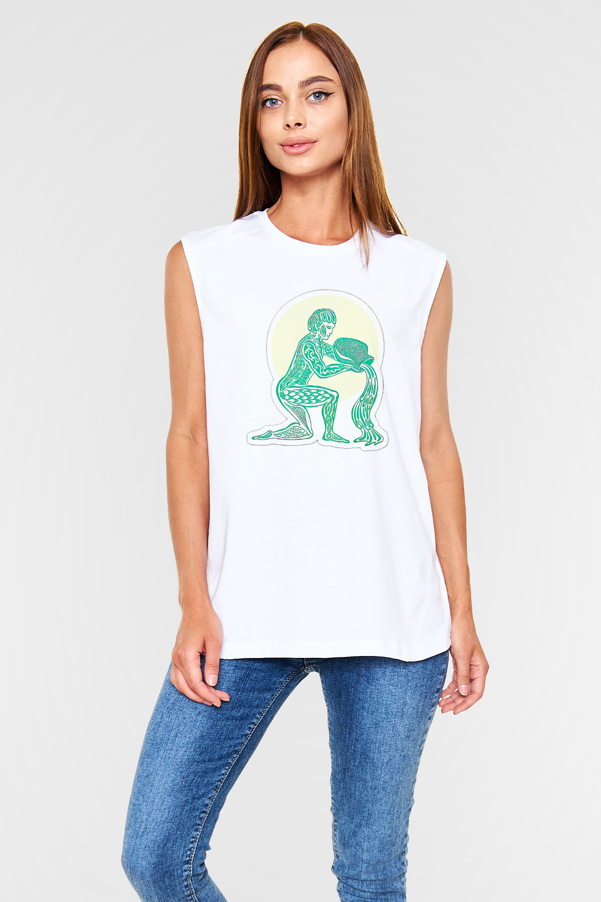 Kova Burcu Baskılı Beyaz Unisex Kolsuz Tişört - Tshirt