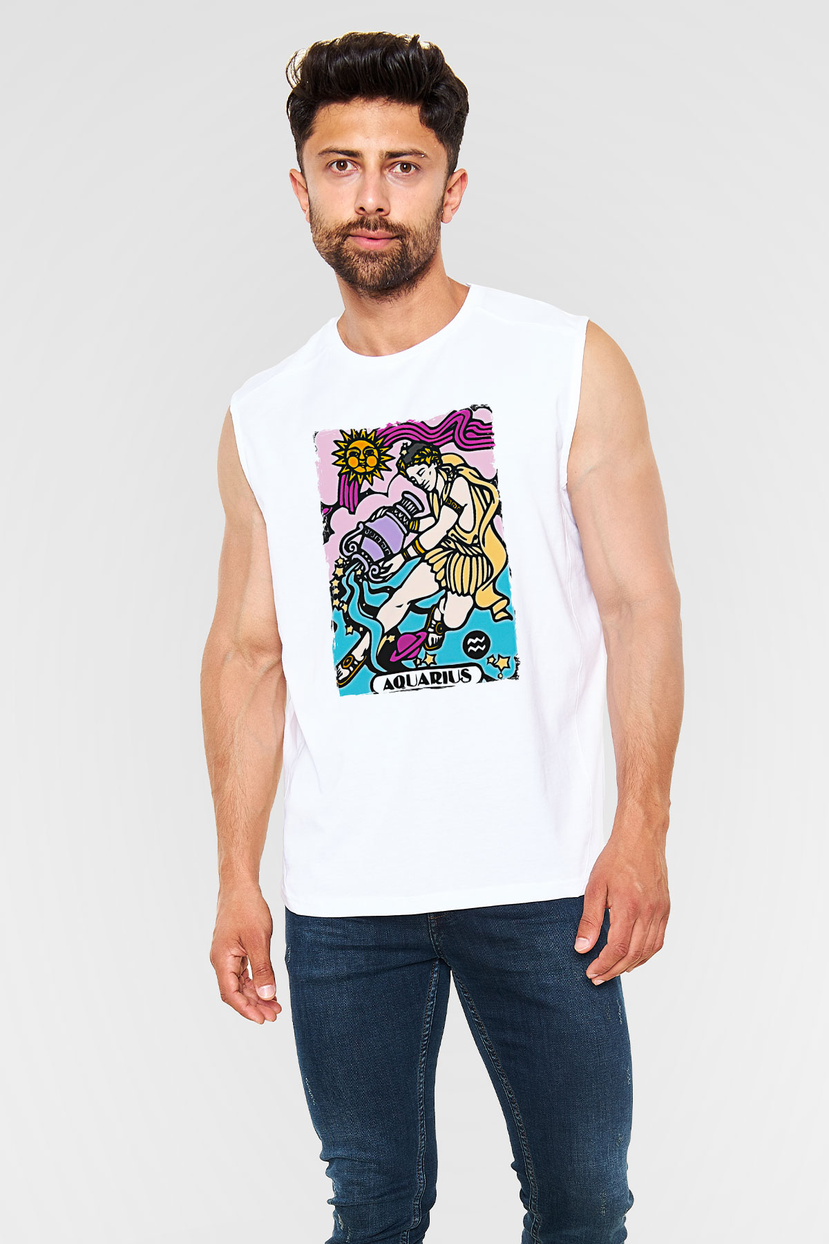 Kova Burcu Baskılı Beyaz Unisex Kolsuz Tişört - Tshirt