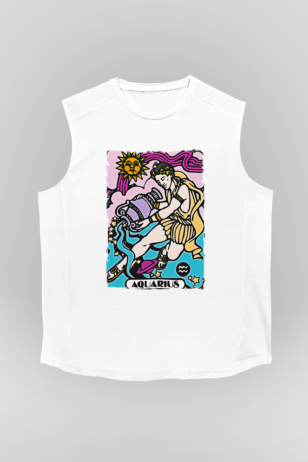 Kova Burcu Baskılı Beyaz Unisex Kolsuz Tişört - Tshirt