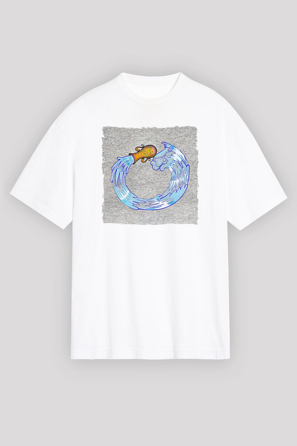 Kova Burcu Baskılı Beyaz Unisex Oversize Tişört - Tshirt