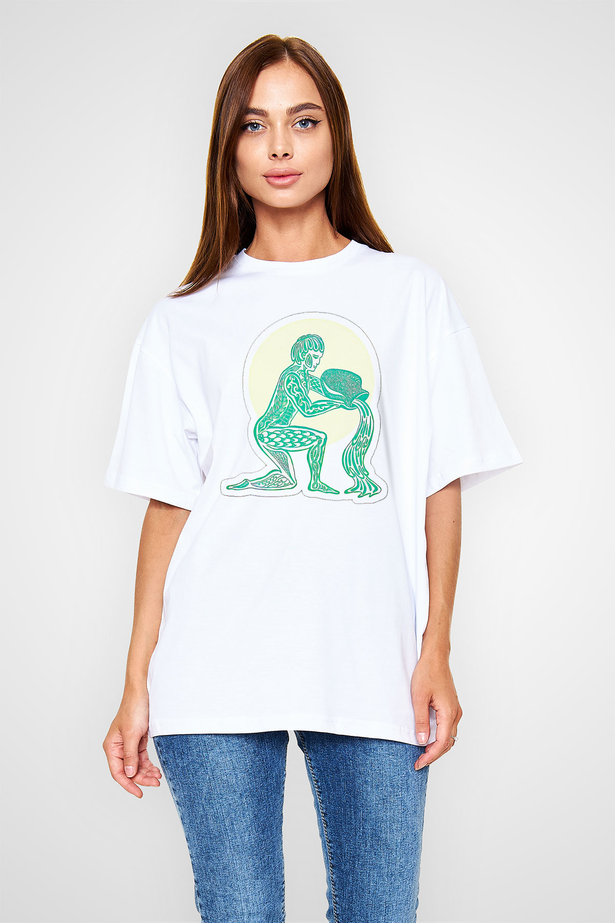 Kova Burcu Baskılı Beyaz Unisex Oversize Tişört - Tshirt