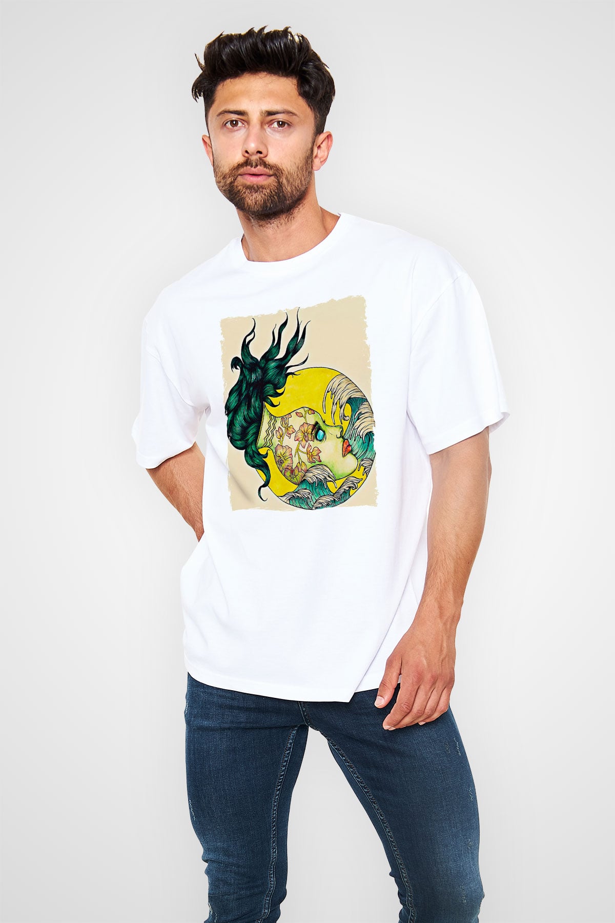 Kova Burcu Baskılı Beyaz Unisex Oversize Tişört - Tshirt