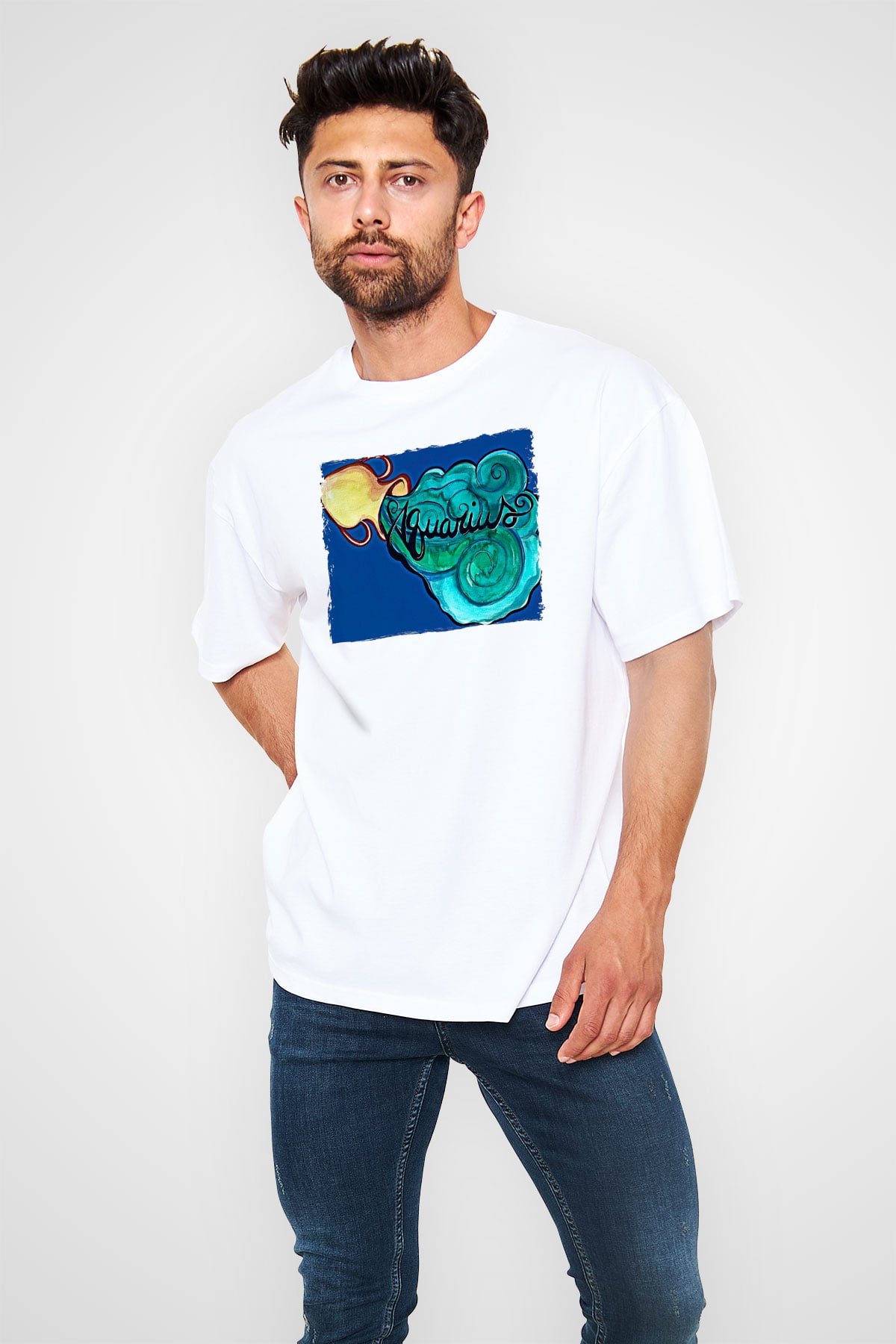 Kova Burcu Baskılı Beyaz Unisex Oversize Tişört - Tshirt