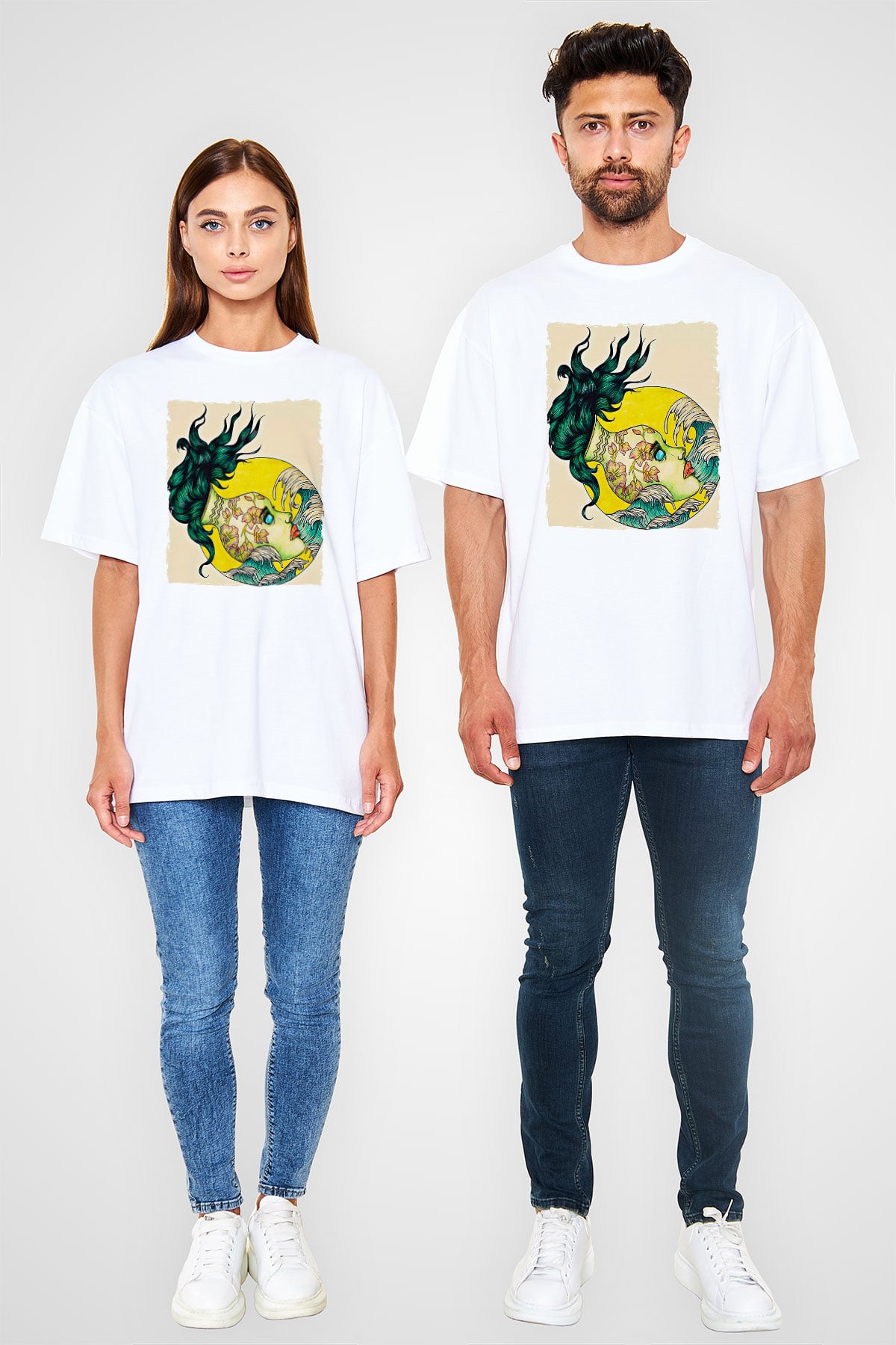 Kova Burcu Baskılı Beyaz Unisex Oversize Tişört - Tshirt