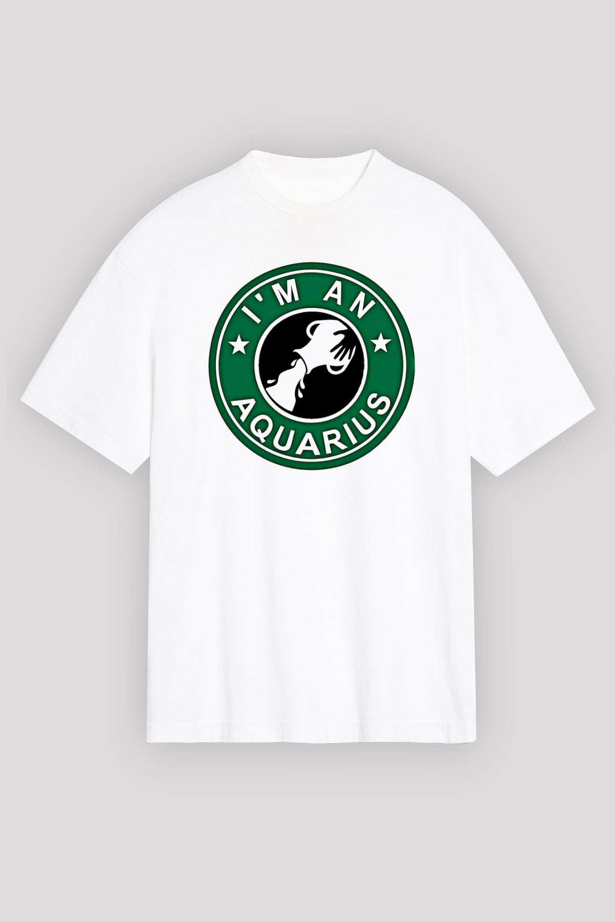Kova Burcu Baskılı Beyaz Unisex Oversize Tişört - Tshirt
