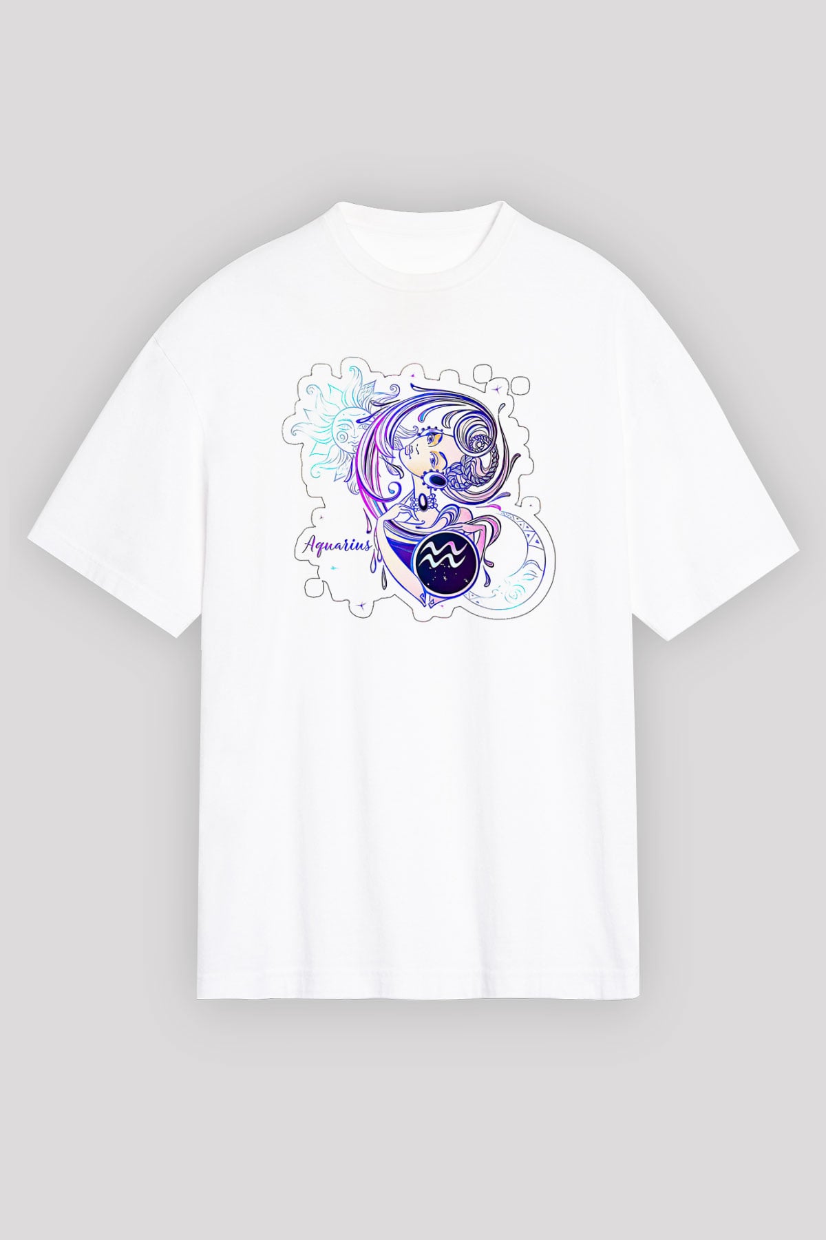 Kova Burcu Baskılı Beyaz Unisex Oversize Tişört - Tshirt
