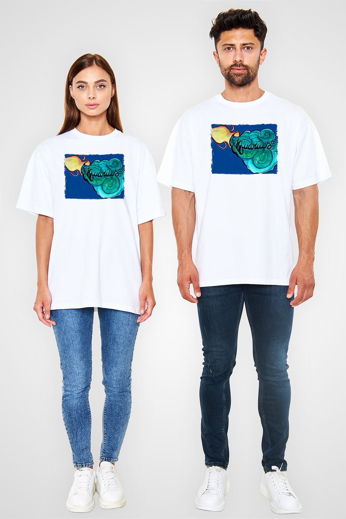Kova Burcu Baskılı Beyaz Unisex Oversize Tişört - Tshirt