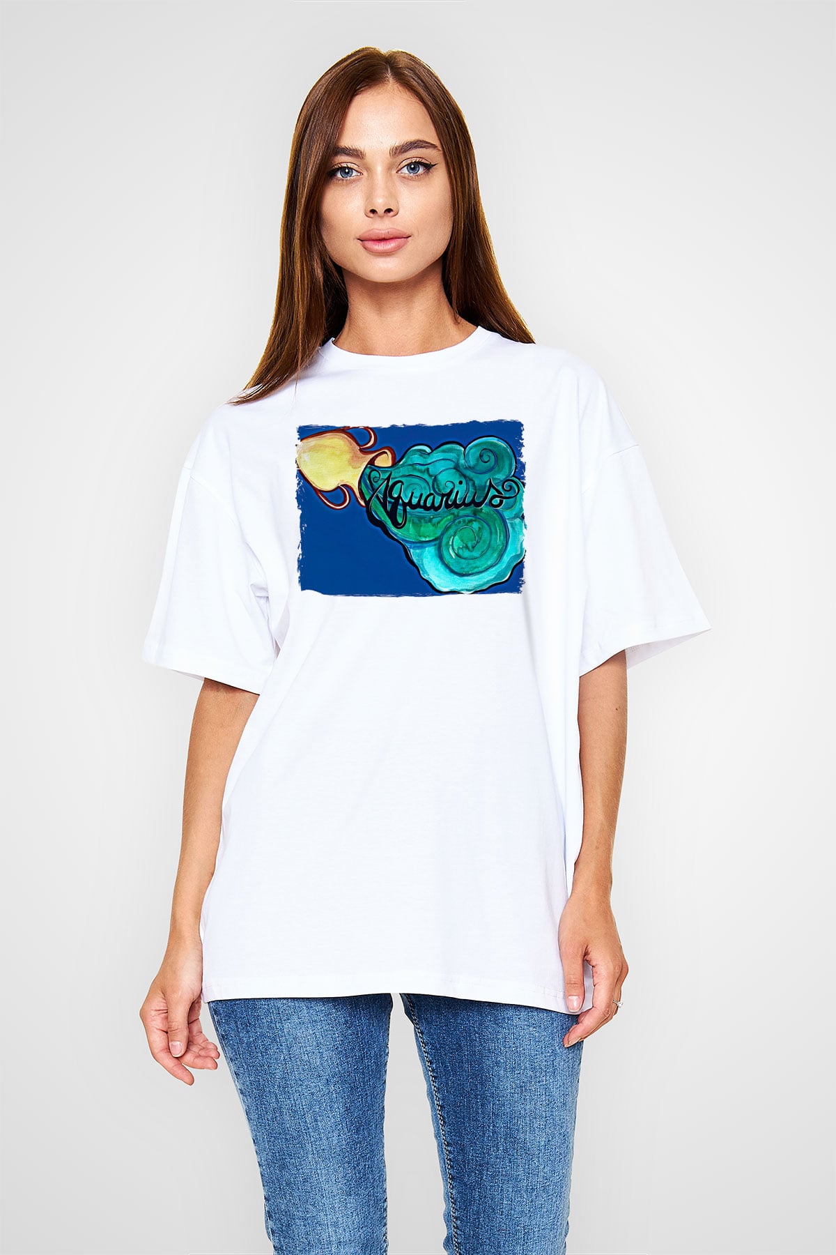 Kova Burcu Baskılı Beyaz Unisex Oversize Tişört - Tshirt
