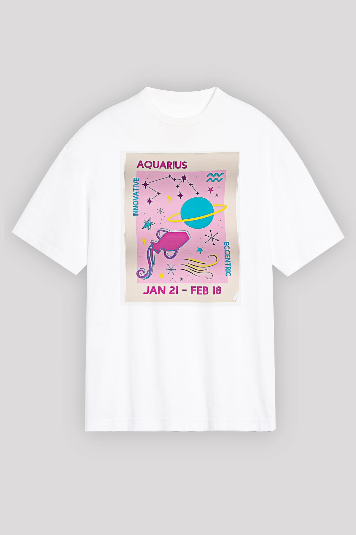 Kova Burcu Baskılı Beyaz Unisex Oversize Tişört - Tshirt