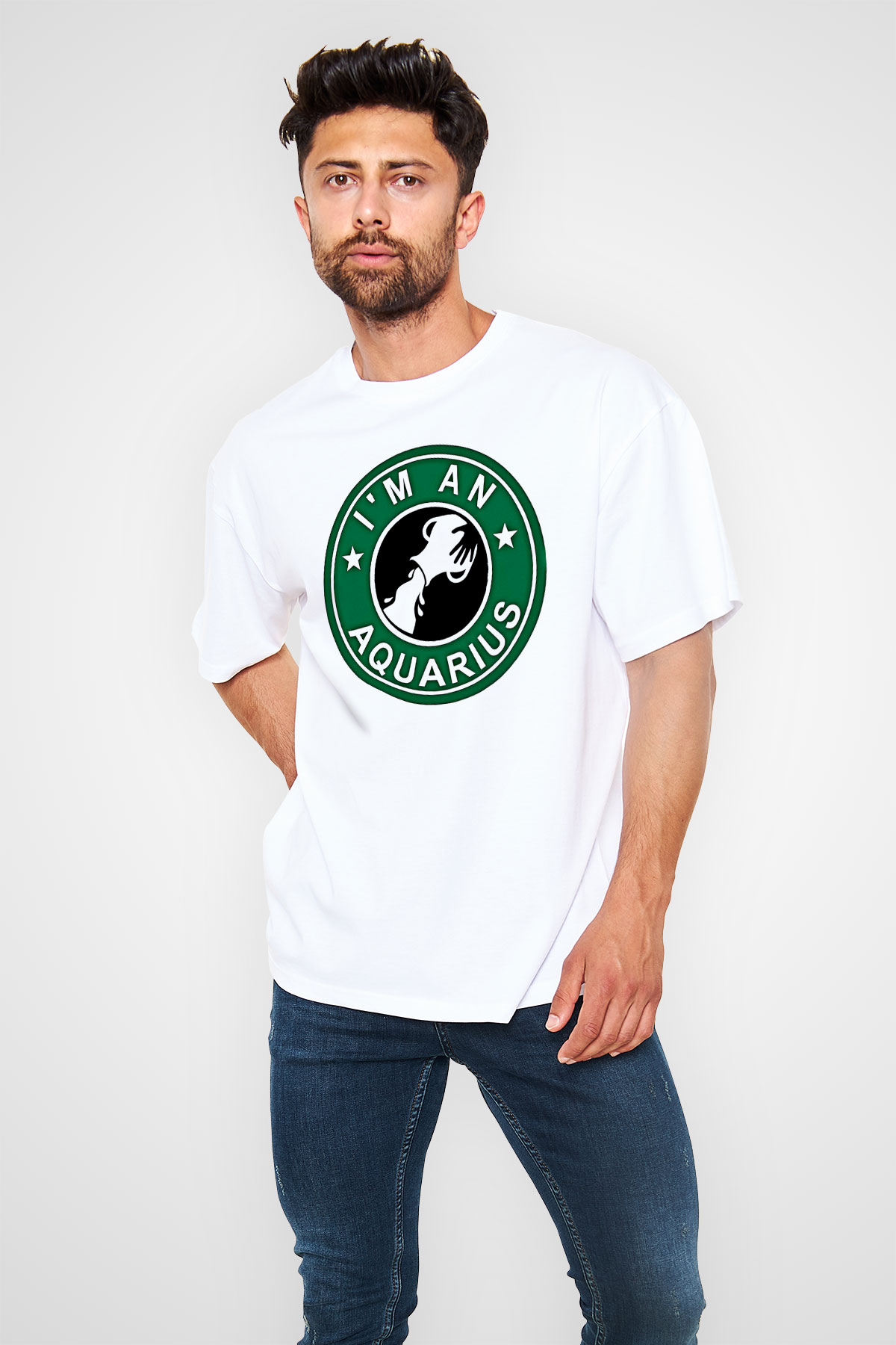 Kova Burcu Baskılı Beyaz Unisex Oversize Tişört - Tshirt