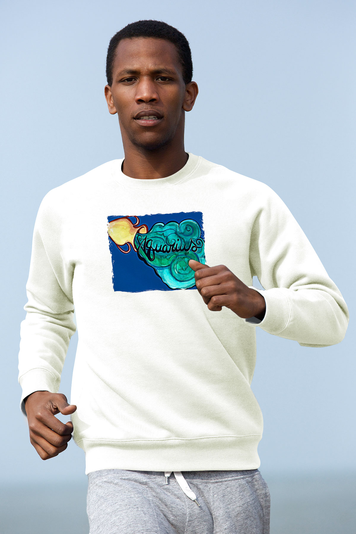 Kova Burcu Baskılı Beyaz Unisex Sweatshirt