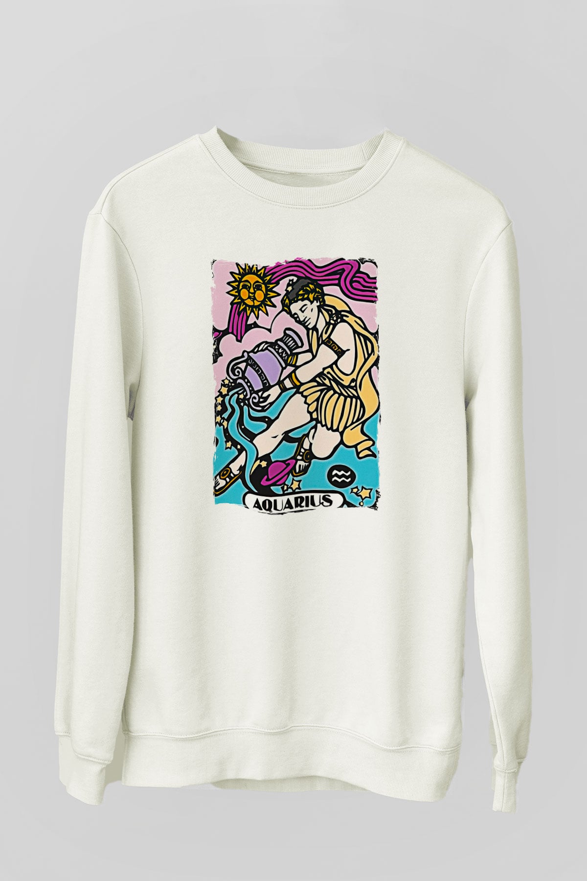 Kova Burcu Baskılı Beyaz Unisex Sweatshirt