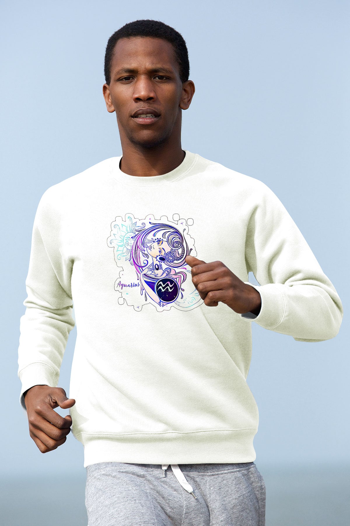 Kova Burcu Baskılı Beyaz Unisex Sweatshirt