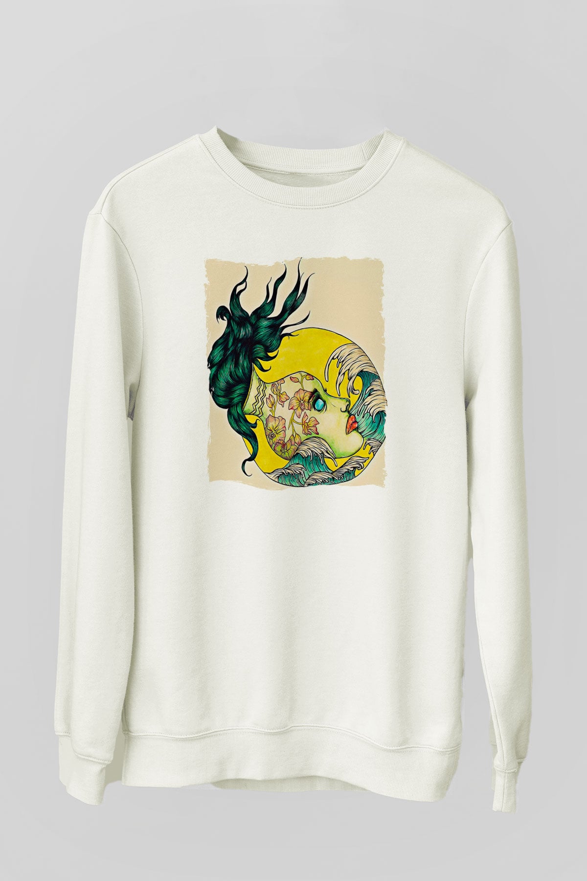 Kova Burcu Baskılı Beyaz Unisex Sweatshirt