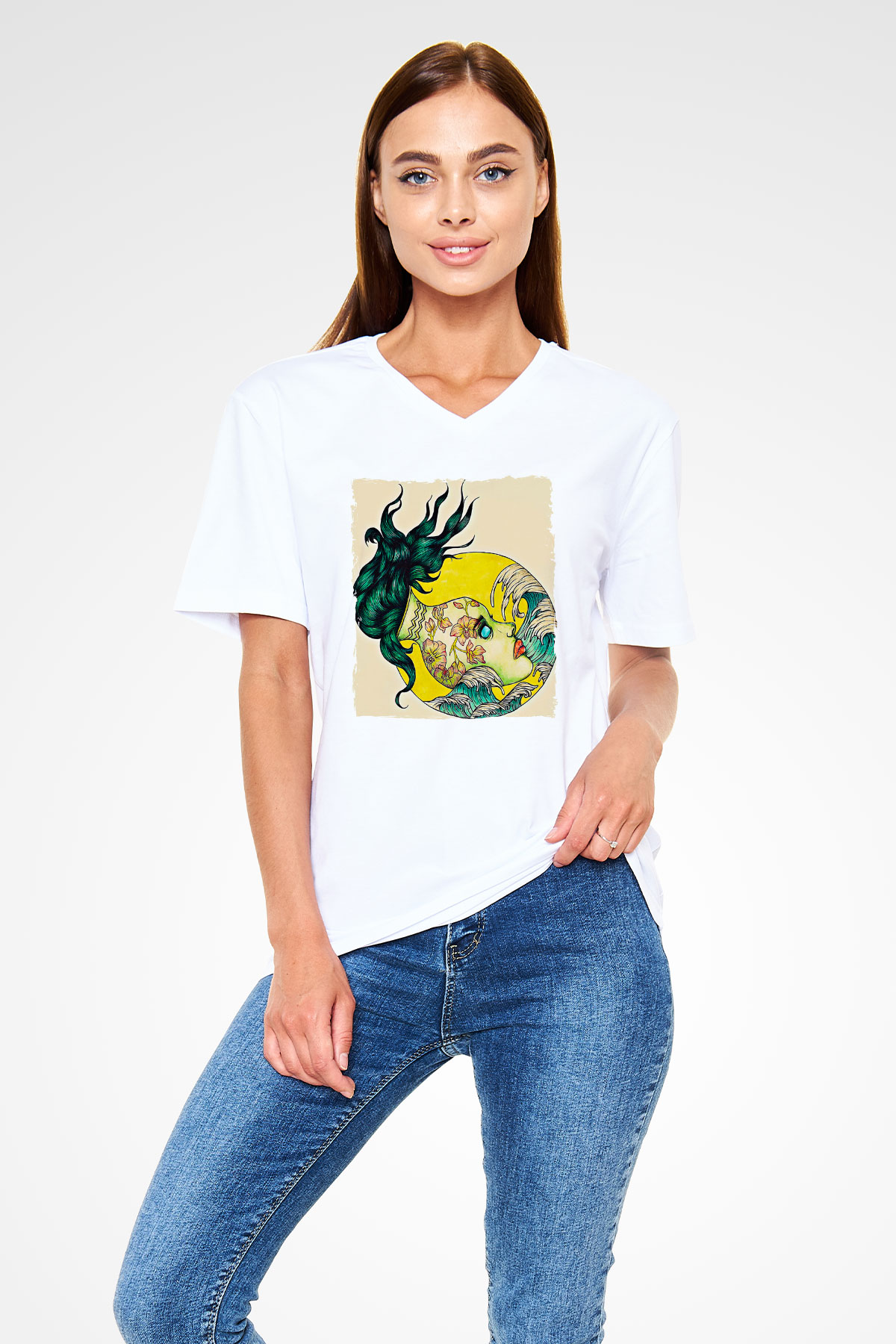 Kova Burcu Baskılı Beyaz Unisex V Yaka Tişört - Tshirt