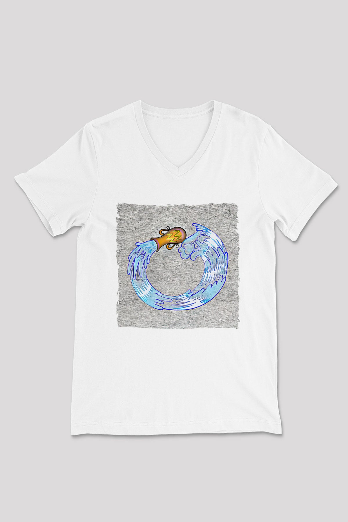 Kova Burcu Baskılı Beyaz Unisex V Yaka Tişört - Tshirt