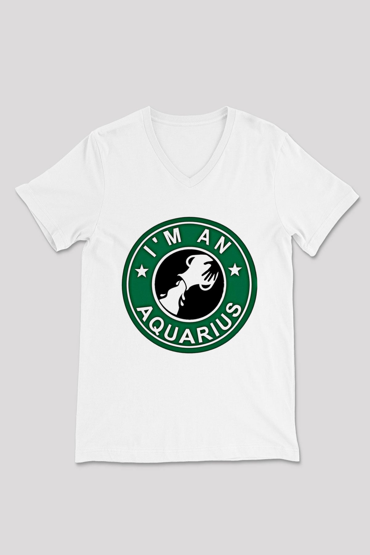 Kova Burcu Baskılı Beyaz Unisex V Yaka Tişört - Tshirt