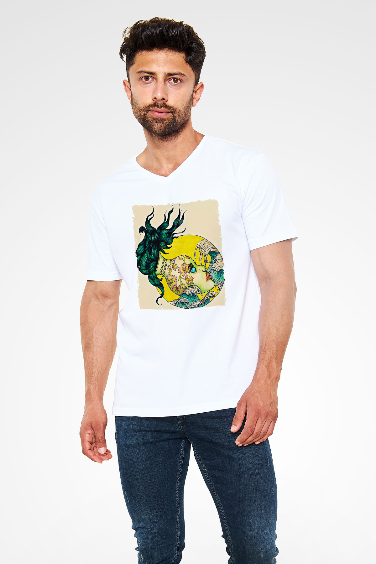 Kova Burcu Baskılı Beyaz Unisex V Yaka Tişört - Tshirt