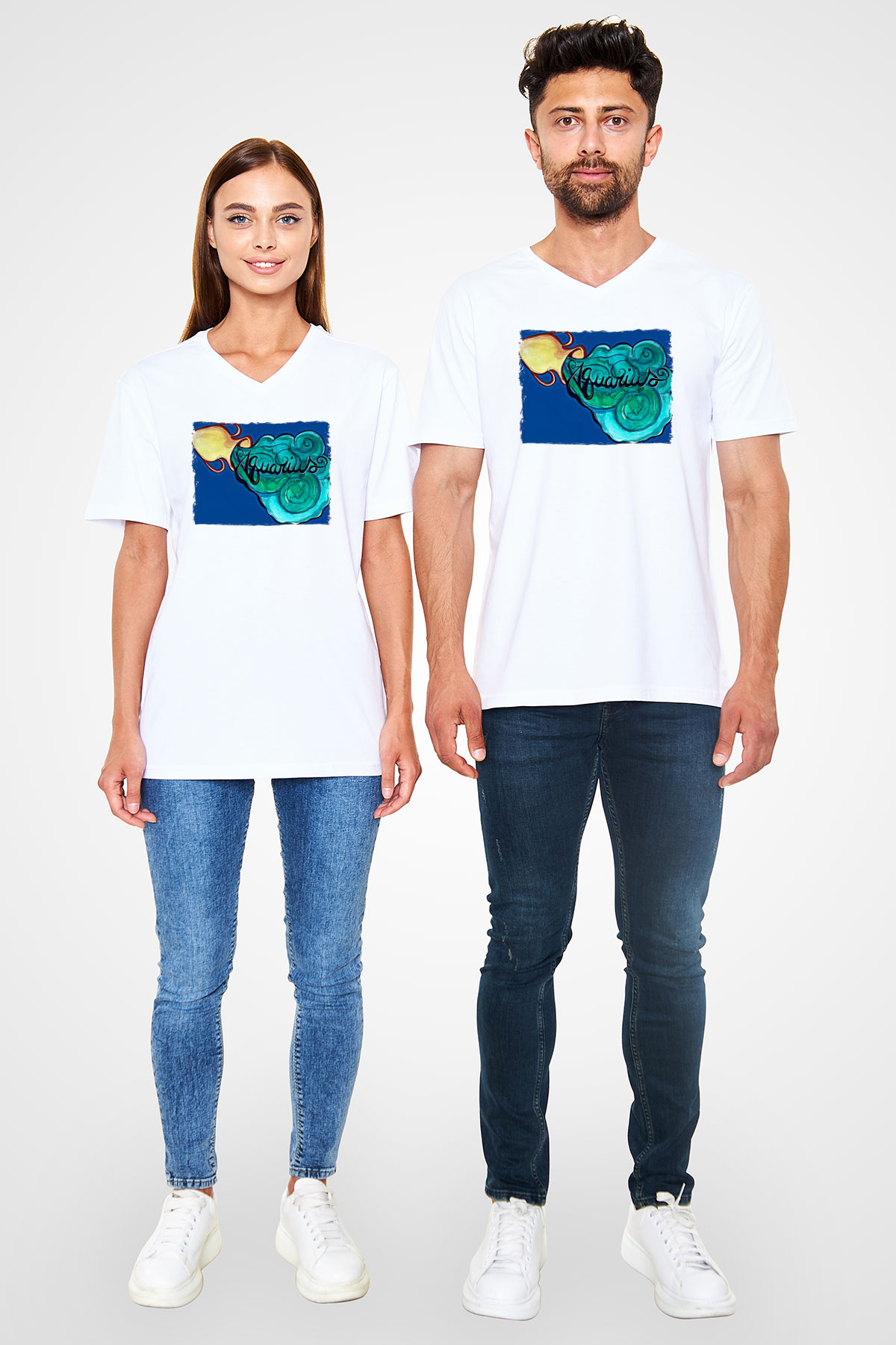 Kova Burcu Baskılı Beyaz Unisex V Yaka Tişört - Tshirt