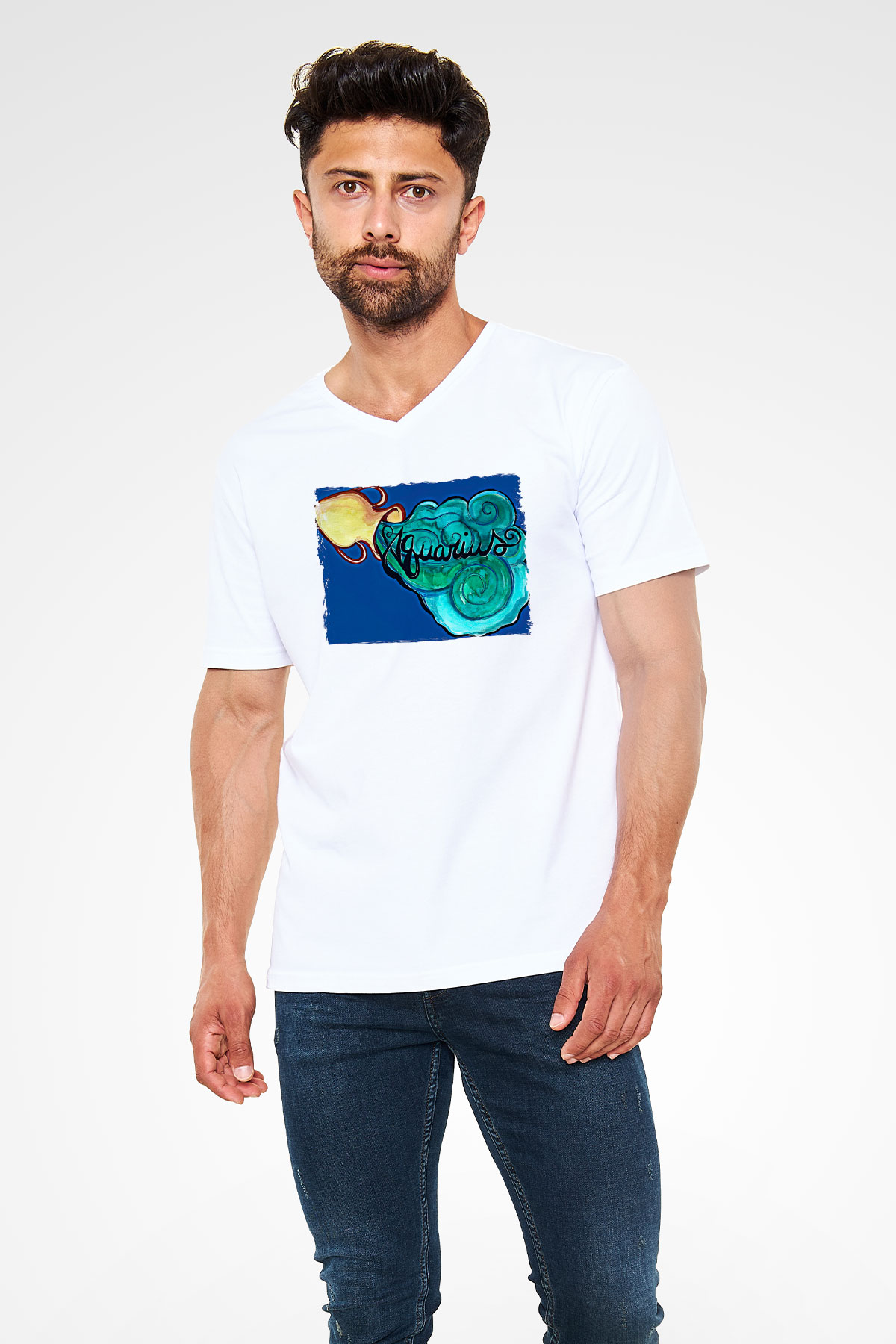 Kova Burcu Baskılı Beyaz Unisex V Yaka Tişört - Tshirt
