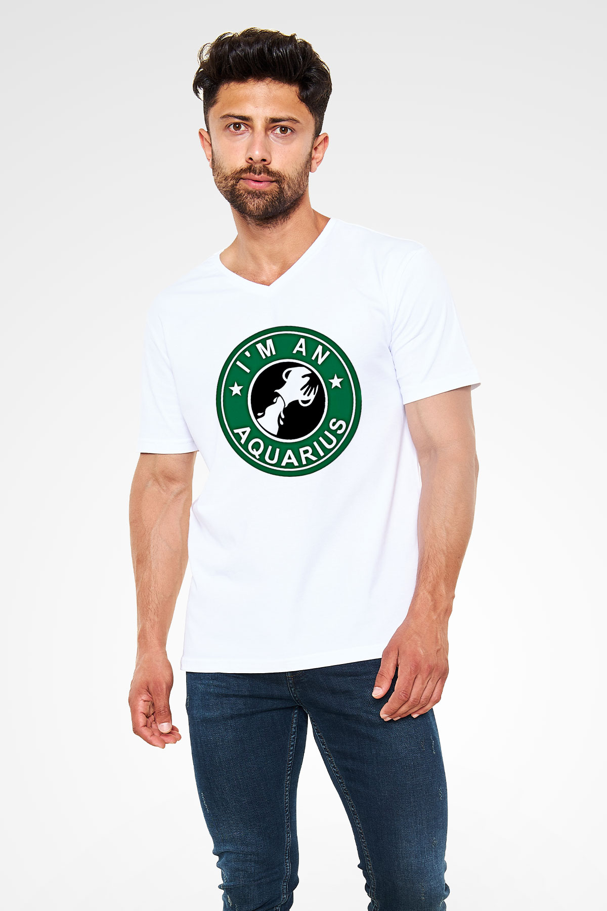 Kova Burcu Baskılı Beyaz Unisex V Yaka Tişört - Tshirt