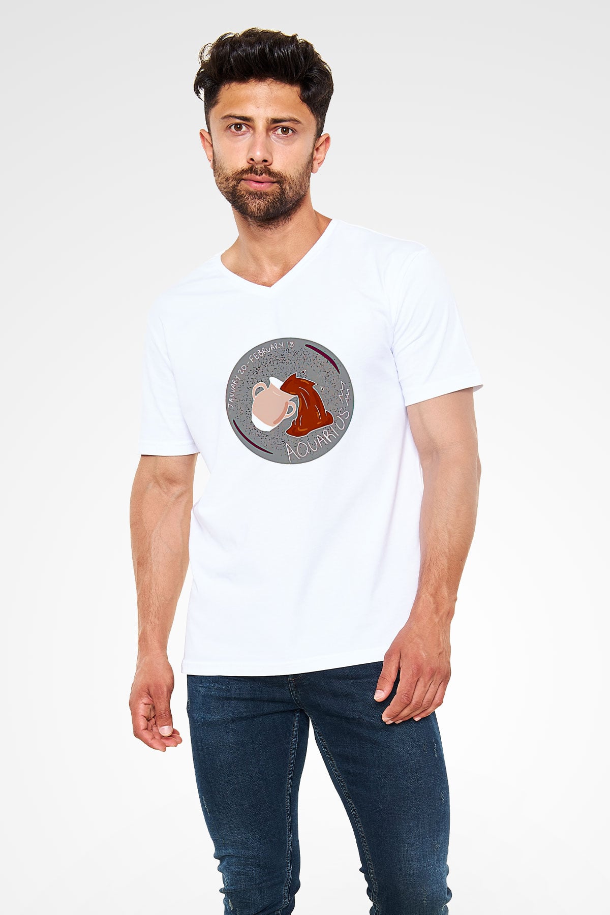 Kova Burcu Baskılı Beyaz Unisex V Yaka Tişört - Tshirt