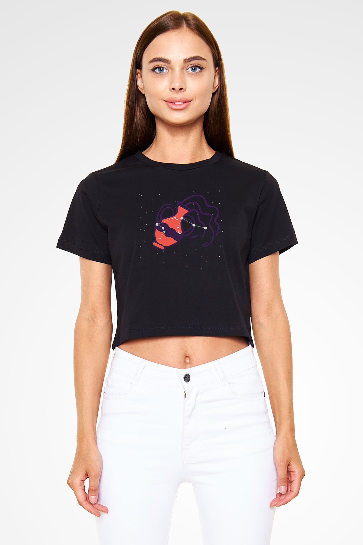 Kova Burcu Baskılı Siyah Crop Top Kadın Tişört - Tshirt