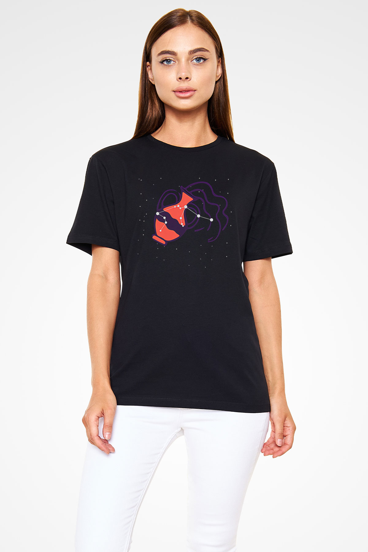 Kova Burcu Baskılı Unisex Siyah Tişört - Tshirt