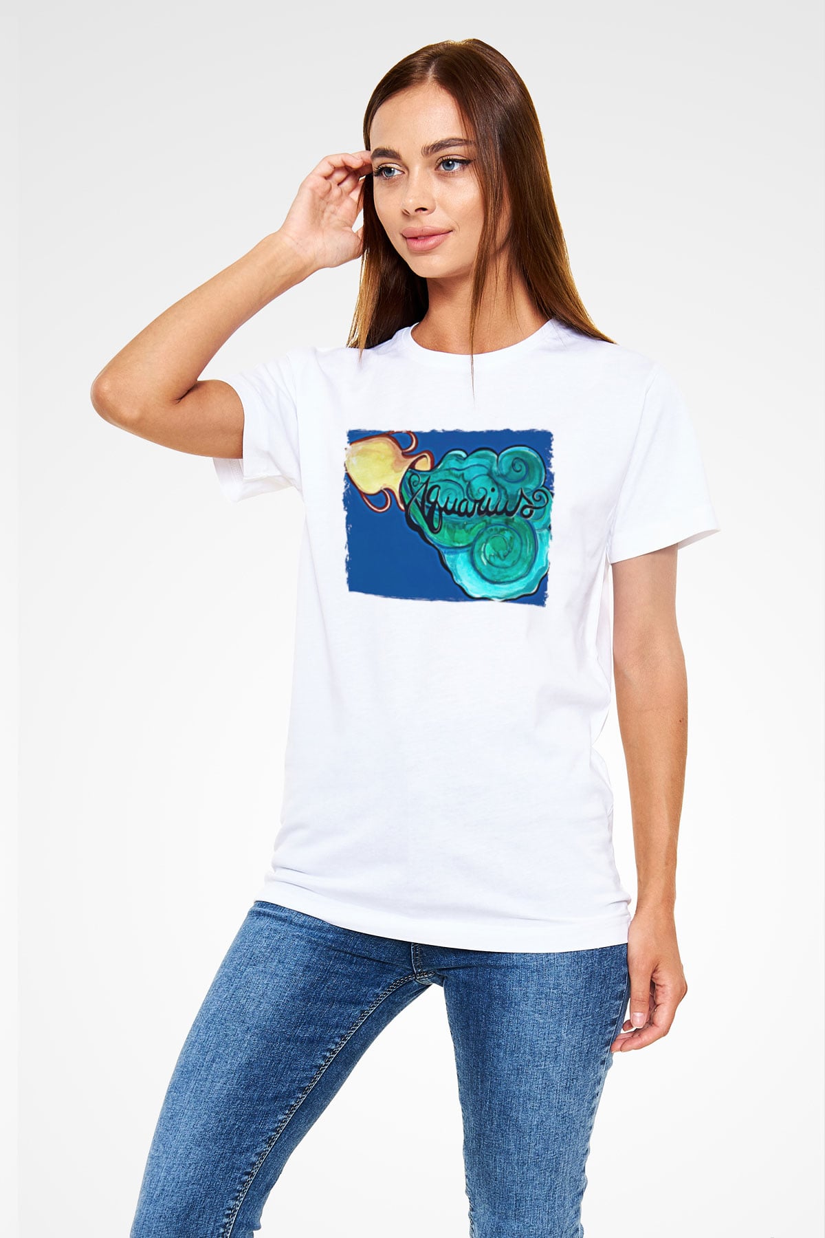 Kova Burcu Unisex Baskılı Beyaz Tişört - Tshirt