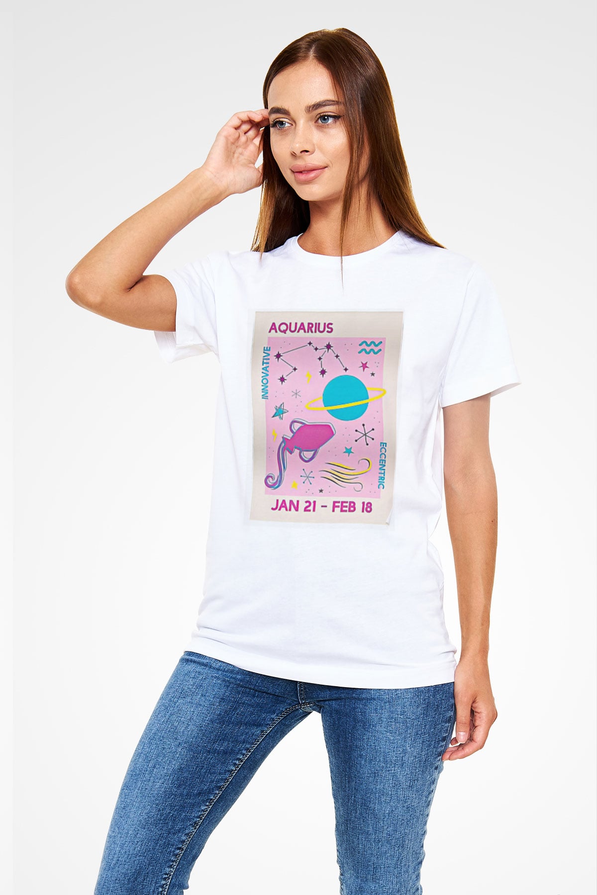 Kova Burcu Unisex Baskılı Beyaz Tişört - Tshirt