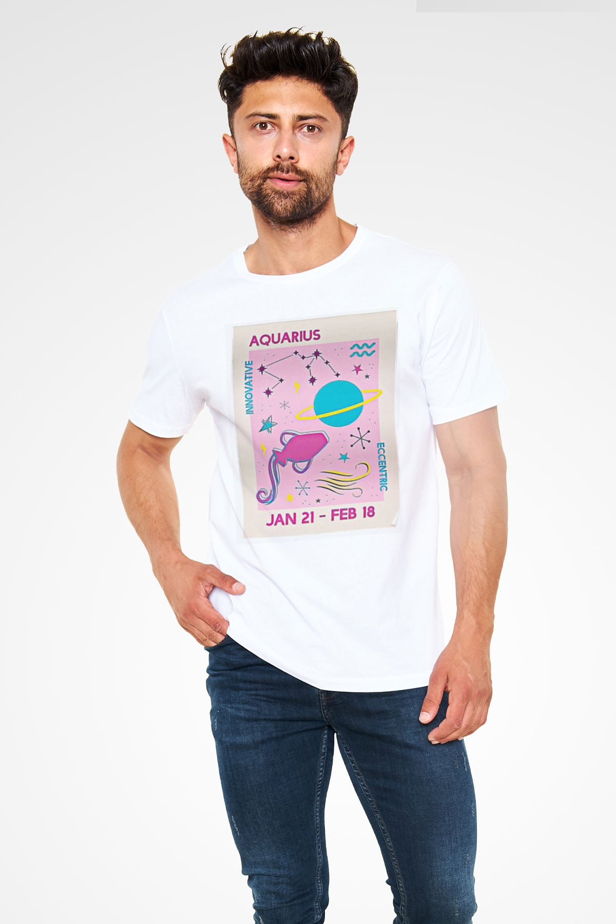 Kova Burcu Unisex Baskılı Beyaz Tişört - Tshirt