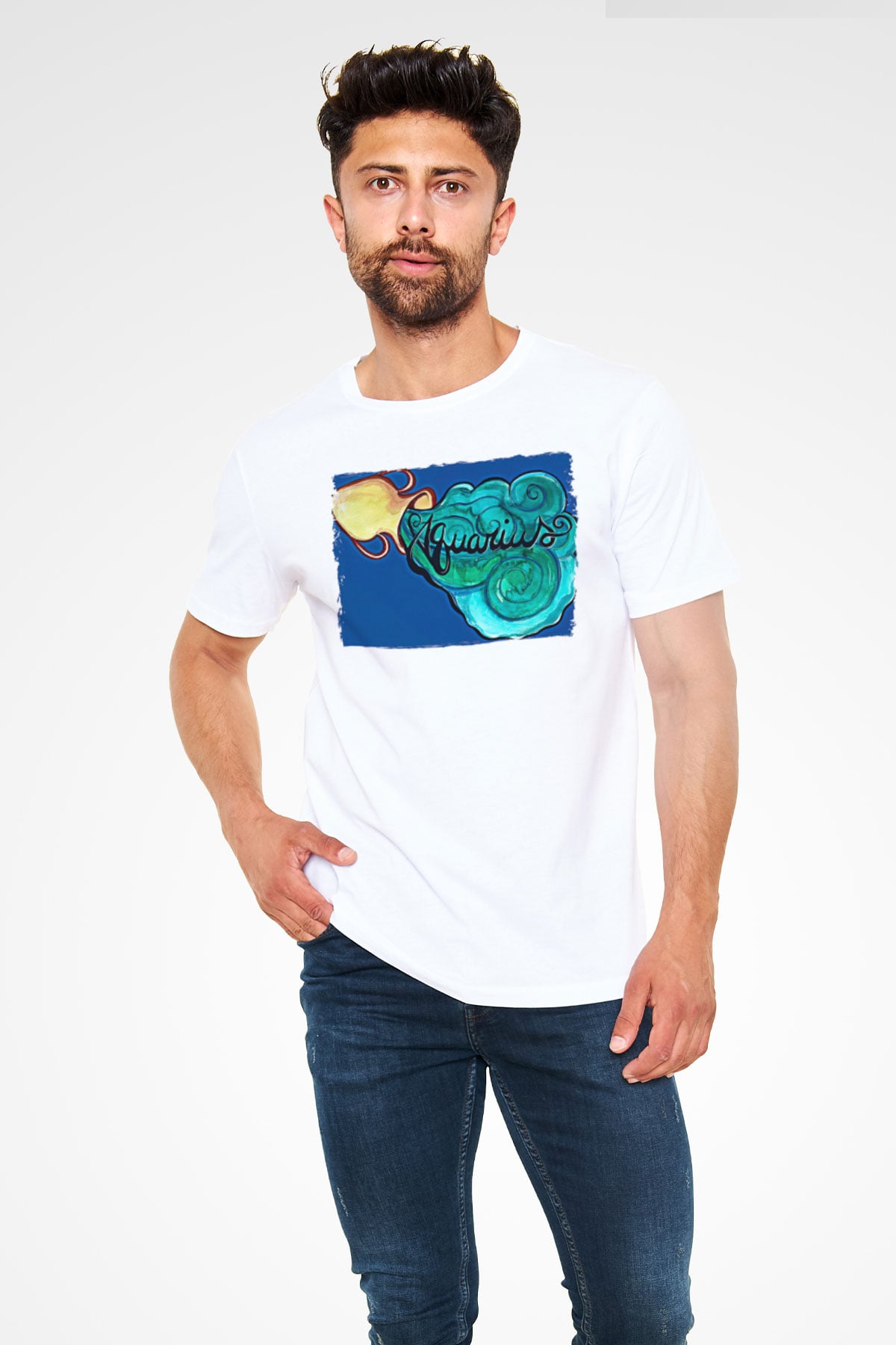 Kova Burcu Unisex Baskılı Beyaz Tişört - Tshirt
