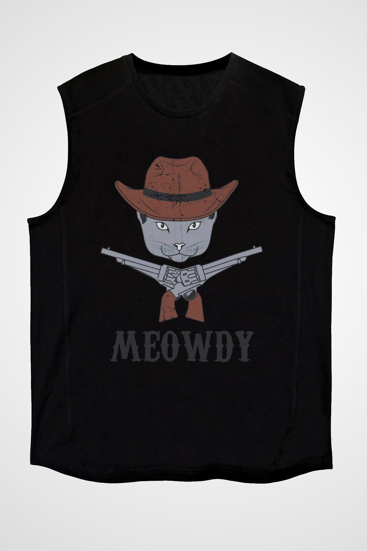 Kovboy Kedi Baskılı Unisex Siyah  Kolsuz Tişört